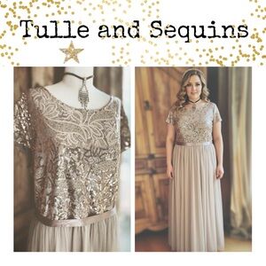 NWT Boutique Taupe Champagne Sequin & Tulle Maxi Gown - Size 3X